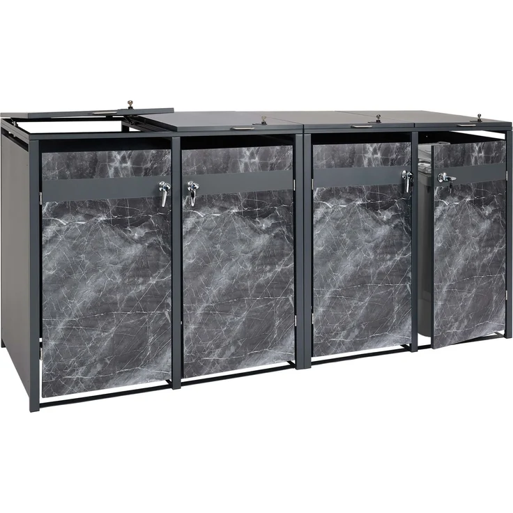 4er Mülltonnenverkleidung HWC-J82, Mülltonnenbox, erweiterbar, Metall 100kg, anthrazit ~ Marmor-Optik dunkel – Bild 1