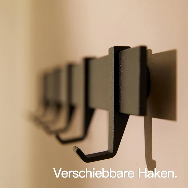 Designfabrik Hamburg Garderobenleiste, Wandgarderobe aus Metall, Garderobenhaken modern, verschiebbare Haken, schwebende Optik – Bild 3