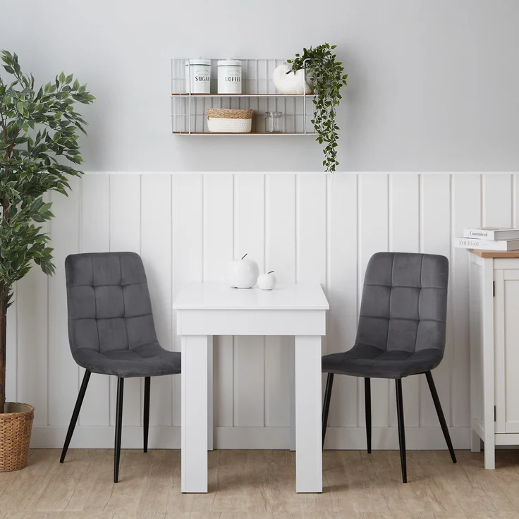 Esstisch mit 2 Stühlen Set Essgruppe Samt Polsterstühle Grau Küchentisch Weiß Modern Holz 90x60 cm Esszimmertisch Massiv – Bild 2
