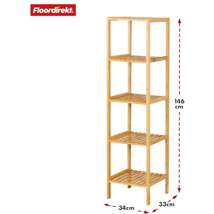 Floordirekt Bambus Regal, schmales Standregal für Badezimmer, Schlafzimmer, Wohnzimmer, Holzregal mit 3/5 Etagen, Regal Größe 34 x 33 x 146 cm (Lowa) (5 Etagen) – Bild 4