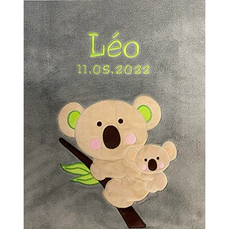 KIDDI-MEDIA Babydecke mit Name und Geburtsdatum Bestickt/kuschelig weich / 1A Qualität (Anthrazit - Koala) – Bild 2