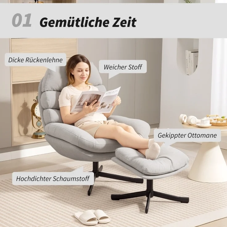 Relaxsessel mit Ottomane, Chenille, 360° drehbar, breite Sitzfläche, Stahlkreuzbasis, bis 120kg, gemütlich – Bild 3