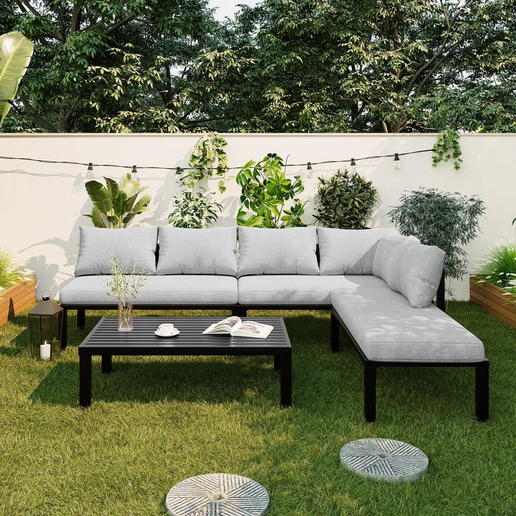 Merax 6-Sitzer Gartenmöbel-Set, Garten-Loungesessel-Set mit verzinktem Eisenrahmen, verstellbare Beine, abnehmbare Rückenlehne, grau – Bild 3