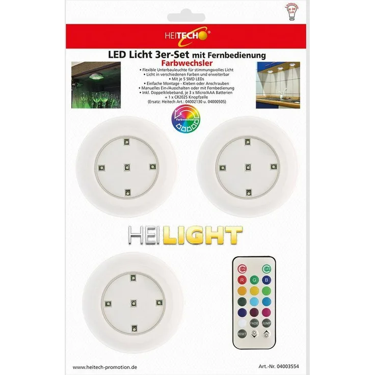 HEITECH LED Wandleuchte LED Lichter mit RGB 3er Pack - batteriebetrieben mit Fernbedienung