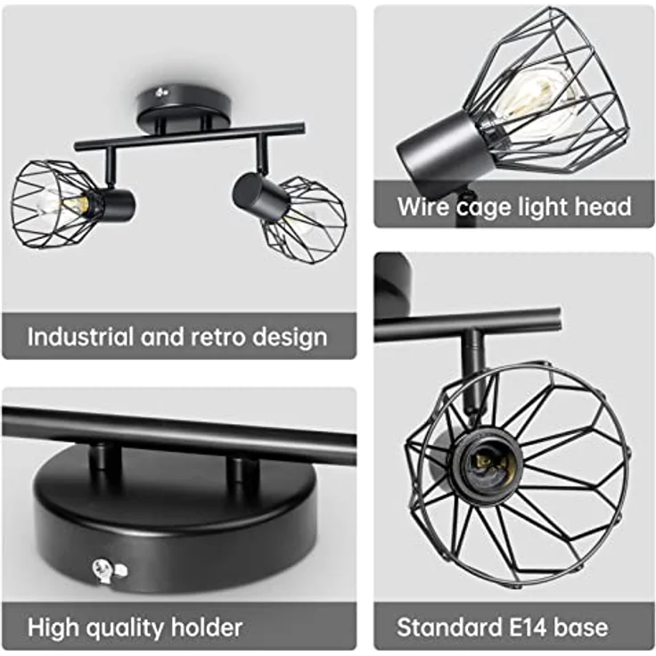 Dehobo Led Deckenstrahler Schwenkbar 350°, Deckenleuchte E14 2 Flammig Schwarz, Spotleuchte Wand, Deckenlampe Spots Led, LED Wandstrahler für Küche, Wohnzimmer, Schlafzimmer, Nein E14 Leuchtmittel – Bild 4