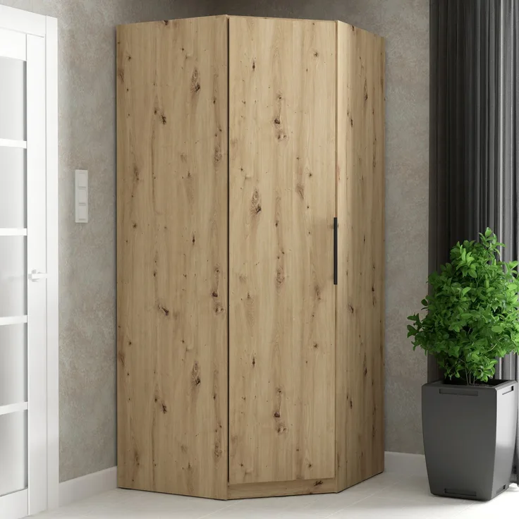 Forte CADIXO Eckkleiderschrank 90 100, Moderner Kleiderschrank, Drehtürenschrank, Schrank für kleine Räume, Holzwerkstoff, Eiche Holzdekor, 94,2 cm breit x 212,9 cm hoch x 94,2 cm tief