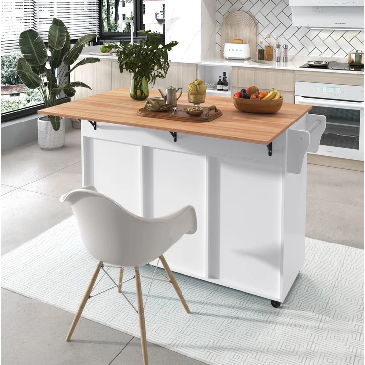 Servierwagen 129x46/71x91,5 cm mit klappbarer Arbeitsplatte – Kücheninsel aus MDF in Weiß mit Stauraum und Rollen – Bild 3