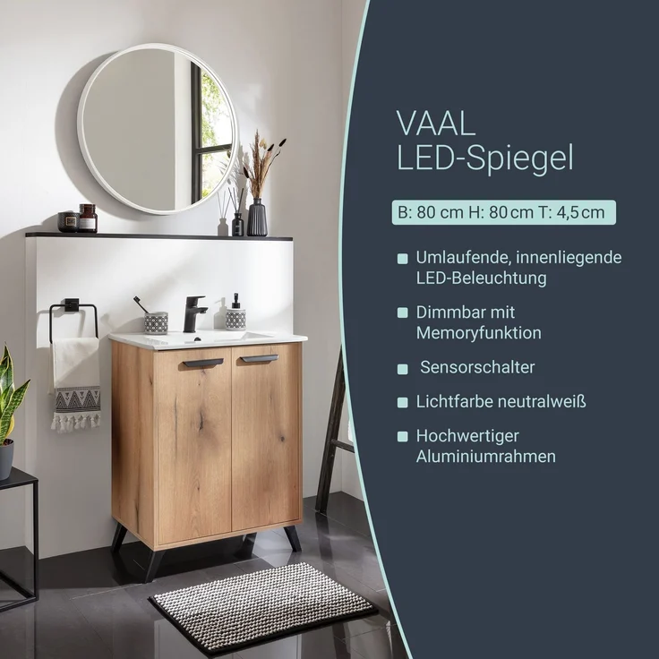 BADEDU VAAL LED Spiegel Ø 80 cm, rund, Weiß, Sensor – Bild 2