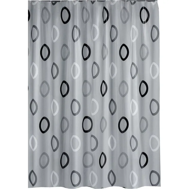 Ekershop Duschvorhang Textil Grau mit Weiß Schwarz Kreisen für Duschstange Breite 240 cm (inkl. Ringe), Höhe 200 cm, wasserabweisend, waschbar, bügelbar