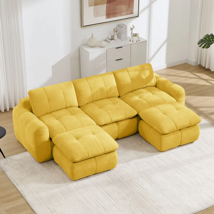 EINHOM 3‑sitziges U‑förmiges rahmenloses Modulsofa, wolkenweicher Chenille‑Bezug, 32D‑Hochdichtschaum, frei kombinierbar, montagefrei mit 2 Ottomanen für Wohnzimmer & Apartments, Gelb – Bild 3