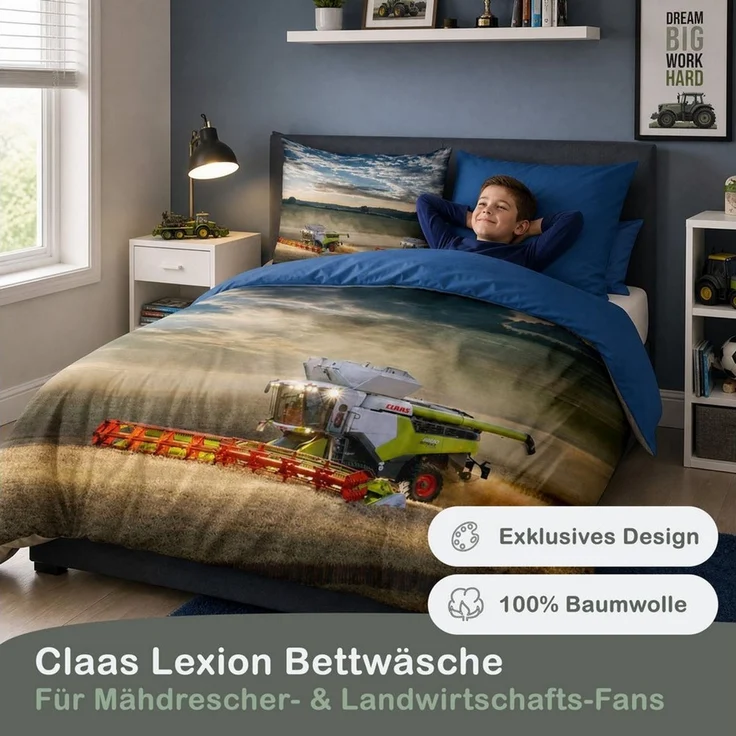 LINKHOFF Bettwäsche CLAAS Bettwäsche 135x200 + 80x80 cm 2tlg. – Mähdrescher LEXION, 100% Baumwolle – Renforcé Kinderbettwäsche mit Reißverschluss – Bild 2