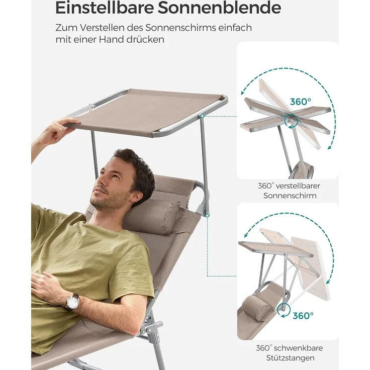 Songmics Sonnenliege, Klappliege, 193 x 53 x 29 cm, Tragkraft 150 kg, mit Sonnenblende und neigbarer Rückenlehne, für Garten, Pool, Terrasse, Taupe GCB192K01 – Bild 5
