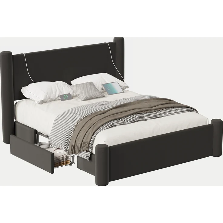 LVHOM Polsterbett 140x200cm Bettgestell, Doppelbett/Stauraumbett/Funktionsbett, Samt, dick gepolstertem Kopfteil, 2 praktischen Stauraumschubladen, integrierten USB-Anschlüssen – Bild 10