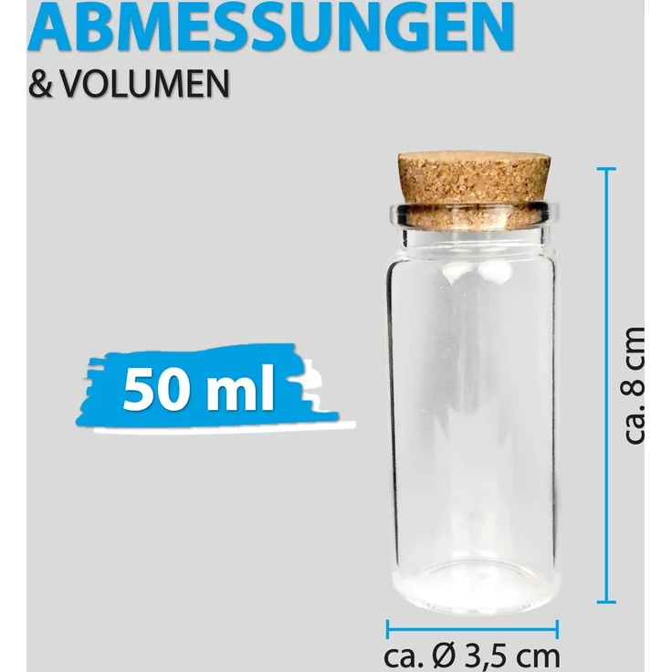 Mini Glasflaschen mit Korken 50ml ( 4er Pack ) - Kleine Glasfläschchen zum Befüllen - Reagenzglas Glas für Hochzeit - Mini Gläser Gastgeschenke – Bild 2
