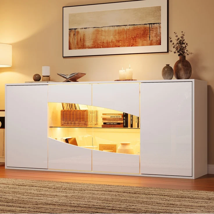 DESVIAE Sideboard Weiß aus MDF – 160x70x35 cm – LED-Beleuchtung, 4 Türen, 6 Staufächer – Bild 1