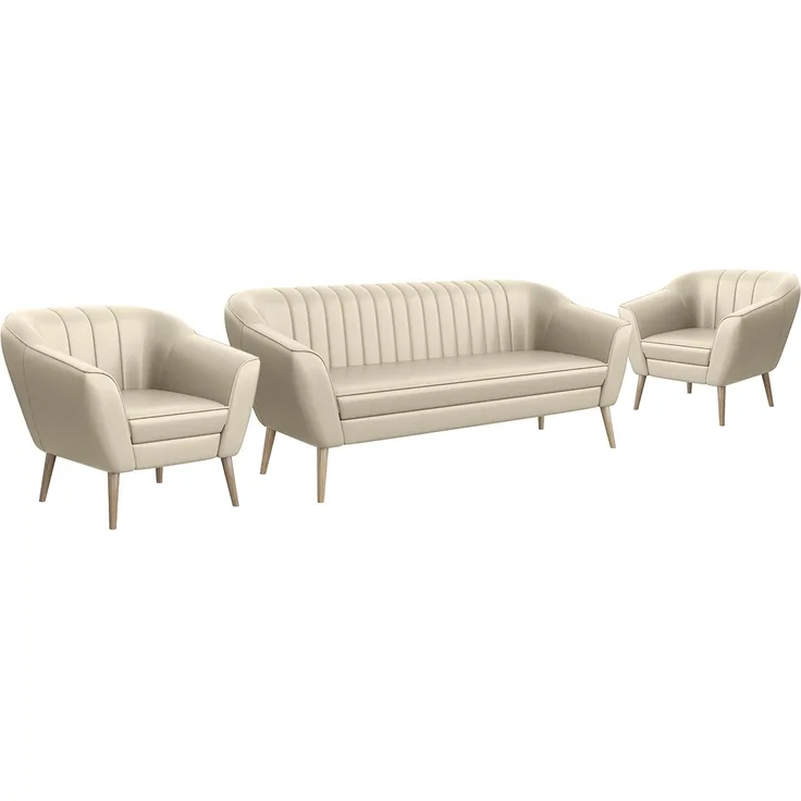 MEBLINI Sofa-Set KAIA 3+1+1 - Creme Kunstleder - für Wohnzimmer - Mini Lounge für fünf Personen - Küchensofa - Sofa Klein - Sitzgarnitur - Polstergarnitur - Sofagarnituren
