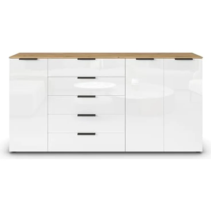 Rauch Möbel Flipp, Kombikommode, Kommode mit Stauraum für Wohnzimmer, Schlafzimmer, Flur, 4 Fachböden, Eiche Artisan/Glasfront Weiß, 3-türig, Glastüren, 5 Schubkästen, Griffe graphit, 199 x 100 x 42 cm – Bild 5