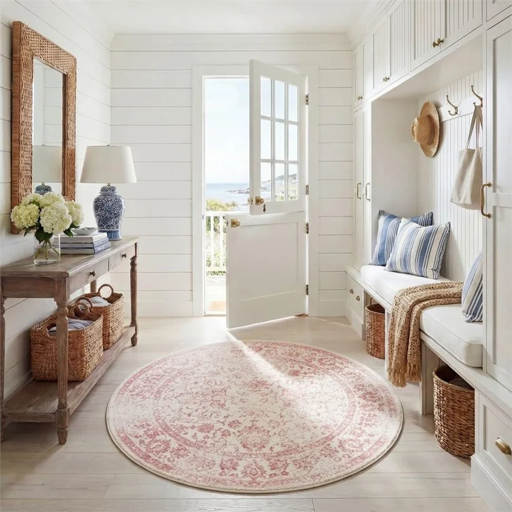 Safavieh Runder Teppich 274 cm Rund - Adirondack Collection - Groß - Transitional Design, Elfenbein & Rosa, Pflegeleichte Synthetikmischung, Ideal für Wohnzimmer, Schlafzimmer, Büro