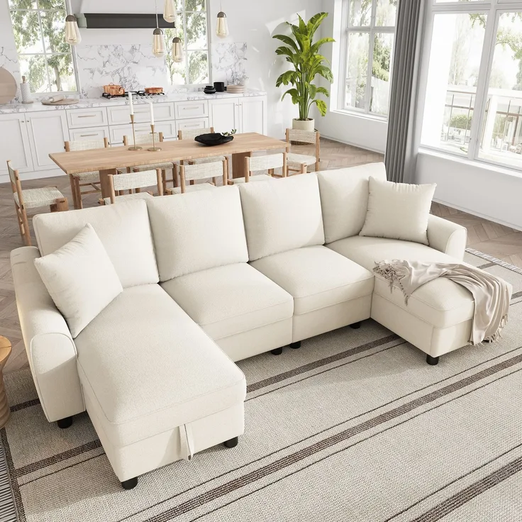 Chenille-U-Sofa mit 2 Stauraum-Chaiselongues und 2 Kissen, gepolsterte Wohnlandschaft 280 cm mit Taschenfederkern, Beige