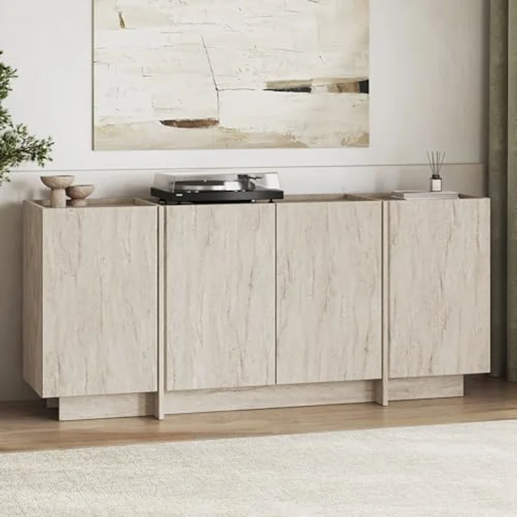 Modern Console Table, Travertine Color, 180 x 80 x 45 cm | 100% Melamine Coated Particle Board, 18 mm Thick | Features Soft-Close Hinges & Numerous Shelves | Stylish Addition to Any Home Décor – Bild 2