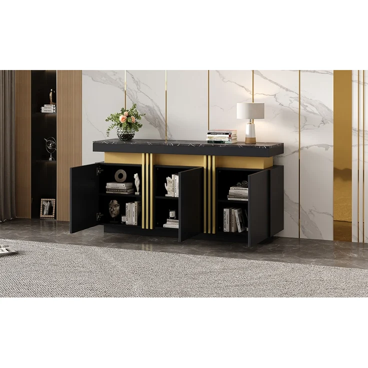 ZUBALIYA Sideboard 140x38x70 cm, mit 3 Türen, aus Spanplatte, Schwarz – Bild 11