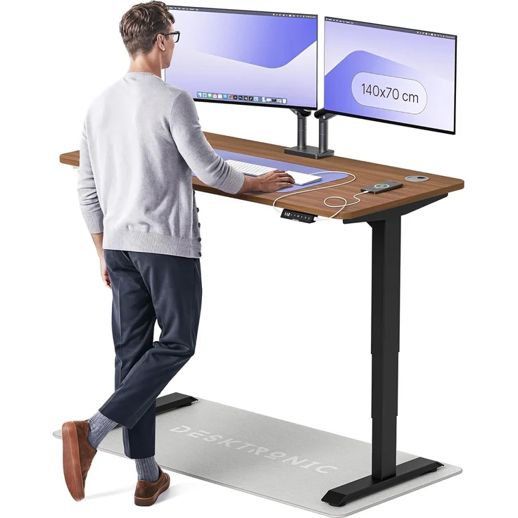 Höhenverstellbarer Schreibtisch - Höhenverstellbar Elektrisch mit Flüsterleisem Dual-Motor & Touchscreen - Hohe Tragfähigkeit - Stehtisch von Desktronic, Schwarz + Nussbaum, 140x70 cm