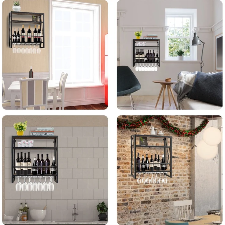 Todeco Weinregal Wandmontiert mit Glashalter Holz Metall Flaschenregal mit 3 Ebenen für 12 Flaschen Wein Weinständer mit Tassenablageregal geeignet für Küche maximale Belastbarkeit 50 kg, 60*20*62 cm – Bild 6
