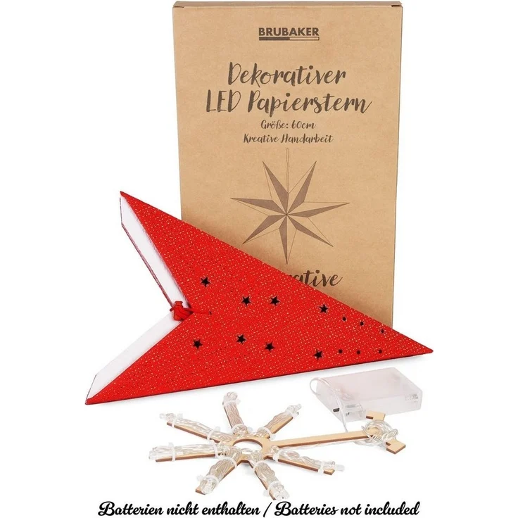 BRUBAKER LED Stern Weihnachtsstern zum Aufhängen - 60 cm Papierstern mit 7 Spitzen, Batteriebetrieben, Hängend und Beleuchtet, LED fest integriert, Warmweiß, 3D Adventsstern - Fenster Deko Leuchtstern – Bild 3