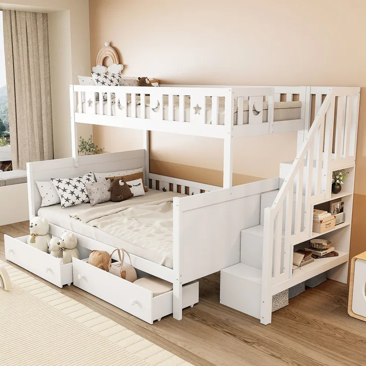 Kinder Etagenbett 90x200 & 140x200 mit Treppe, Stauraum, Schubladen, Leiterregal, platzsparendes Massivholz-Design für Kinderzimmer