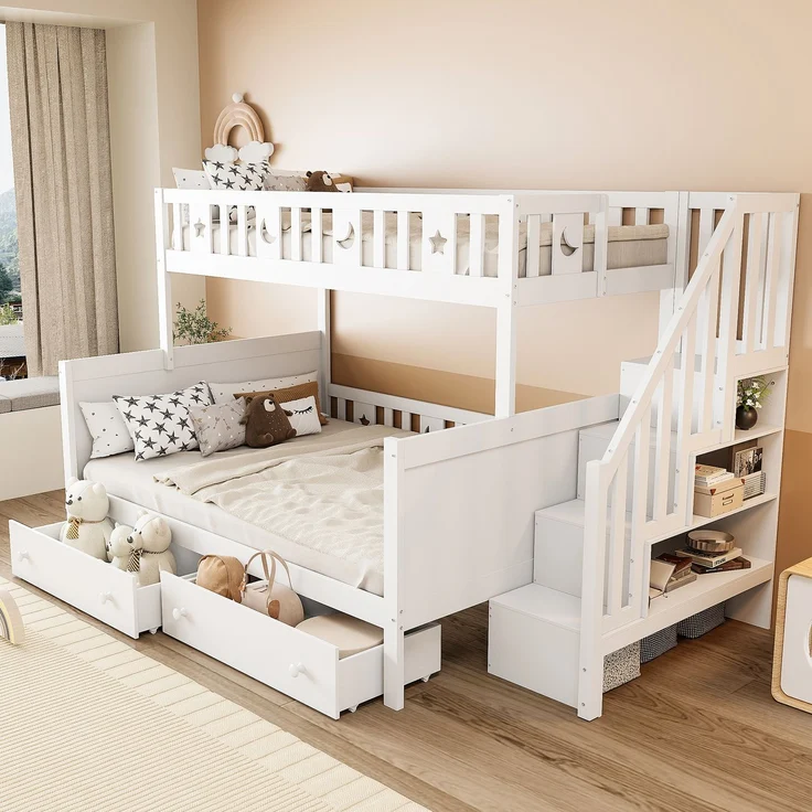 Kinder Etagenbett 90x200 & 140x200 mit Treppe, Stauraum, Schubladen, Leiterregal, platzsparendes Massivholz-Design für Kinderzimmer – Bild 1