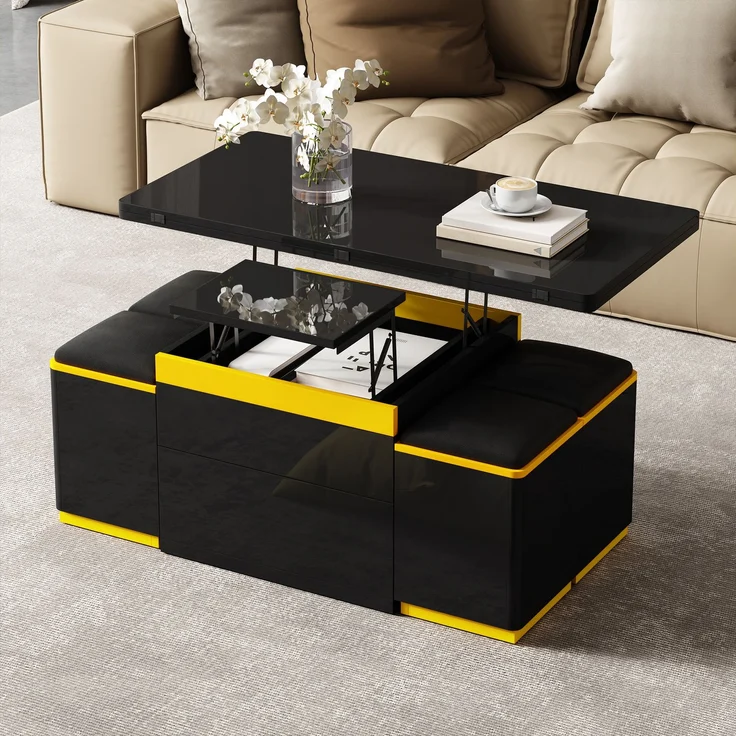 EINHOM Moderner Schwarzer Hochglanz-Couchtisch, Stilvoller Beistelltisch, Multifunktionaler, Höhenverstellbarer Couchtisch, Klappbarer Esstisch/Wohnzimmermöbel, 100 x 50 x 43 cm (L x B x H) – Bild 3