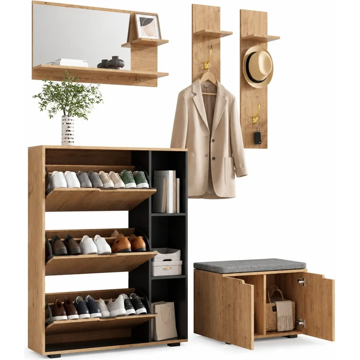 Garderoben-Set mit Spiegel, Schuhschrank und Schuhbank, 150x35x161,5 cm, Natur/Schwarz – Bild 7