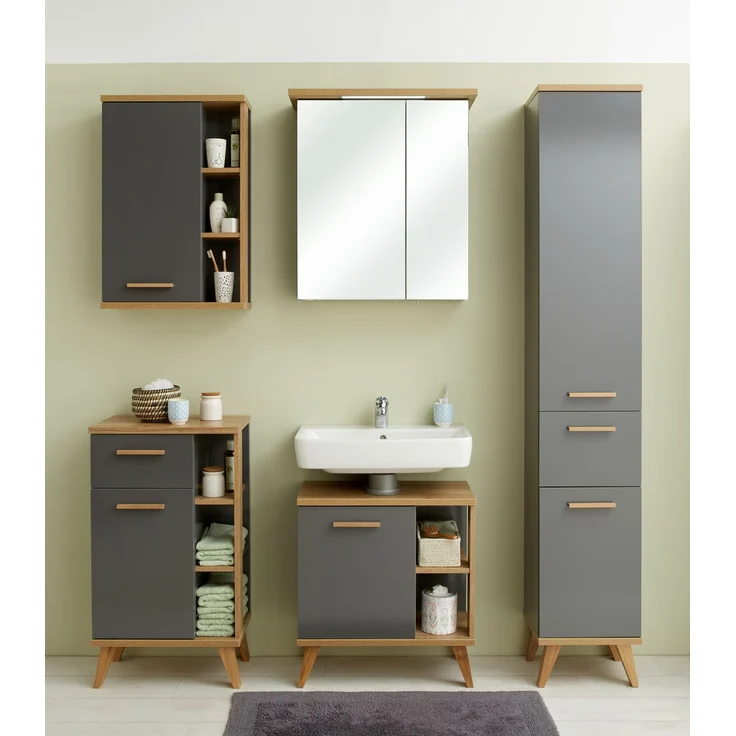 Pelipal Badmöbel-Set, Quickset 924, Quarzgrau Glanz/Riviera Eiche - Waschbeckenunterschrank, Spiegelschrank, Hochschrank, Unterschrank mit Regal, Hängeschrank mit Regal – Bild 2