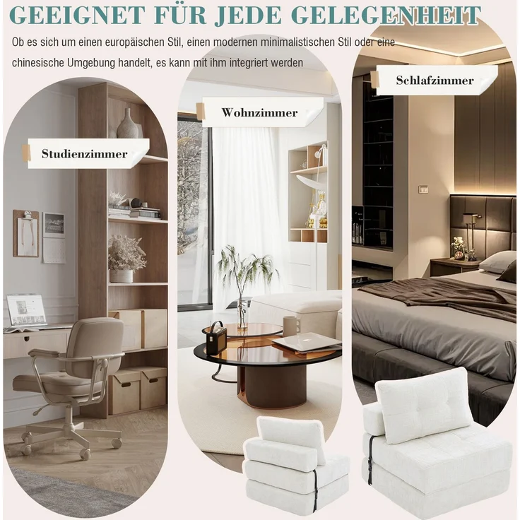 Klappsofa Bett mit Kopf- & Lendenkissen, multifunktionales Schlafsofa, 2-in-1 Faltsofa mit hochdichtem Schaumstoff,Beige – Bild 9