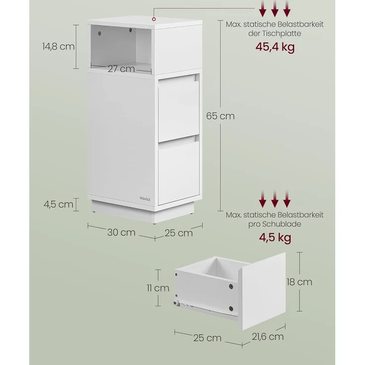 Vasagle Nachttisch (2-St), schmal, Beistelltisch mit 2 Schubladen, offenes Fach – Bild 3