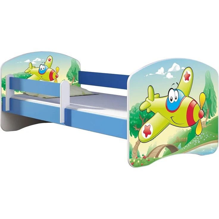 ACMA Kinderbett Jugendbett mit Einer Schublade und Matratze Blau mit Rausfallschutz Lattenrost II 140x70 160x80 180x80 (29 Flugzeug, 160x80) – Bild 1