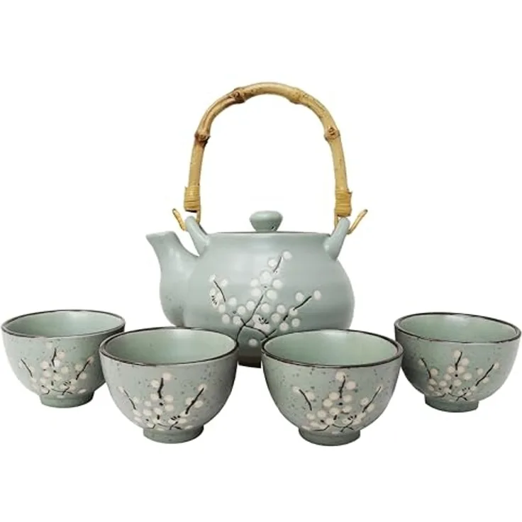 MystiCalls Teeservice Japanisches Tee Set für 4 Personen zartem Kirschblüten Design (4-tlg), 4 Personen, Keramik, Spülmaschinenfest und hitzebeständig