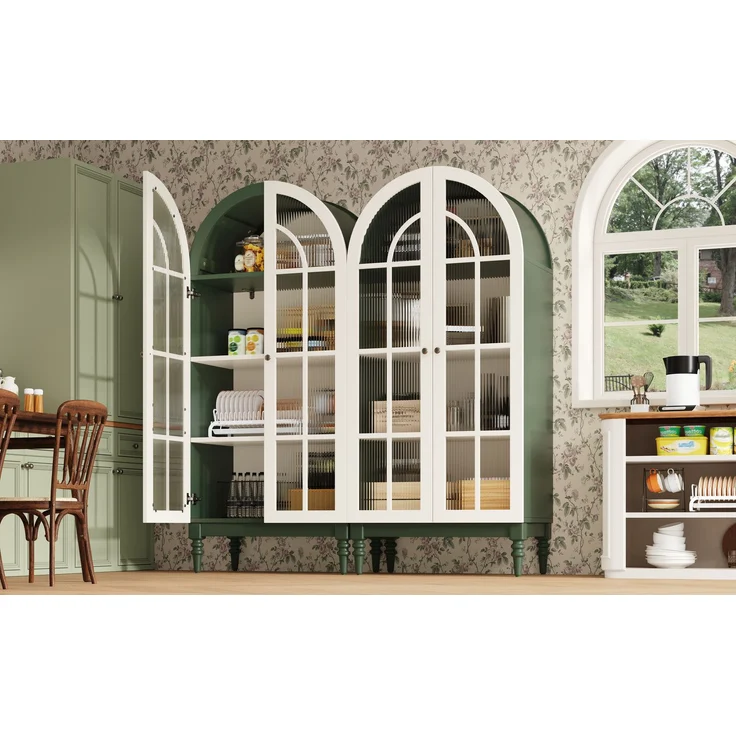 2-set Bogen-Vitrinenschrank 165cm mit Riffelglas-Doppeltüren, 3 Einlegeebenen, 2 Farben (Dunkelgrün+Weiß)--Grün--76x38.5x165cm--YOUDENOVA – Bild 3