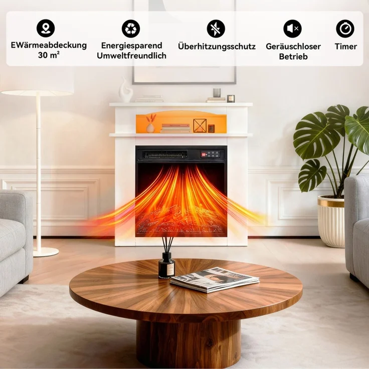 HOMAVO Elektrokamin mit Schrank, 18" 900W/1800W Elektrokamin mit Heizung, 3D-Flammeneffekt, Schrankgröße: 72 x 30 x 75cm, LED-Leiste, Fernbedienung – Bild 2