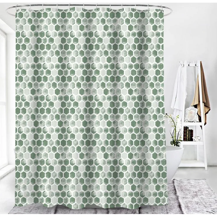 Euroshowers GmbH Duschvorhang Wabenmuster Grün und Grau 180 × 200 cm Polyester mit 12 Ringen Breite 180 cm