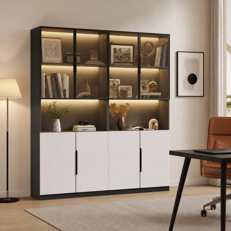 DESVIAE Vitrine mit LED-Beleuchtung und Glastüren, 160x200x30 cm, Spanplatte, Aluminium und Glas, Weiß/Schwarz – Bild 2