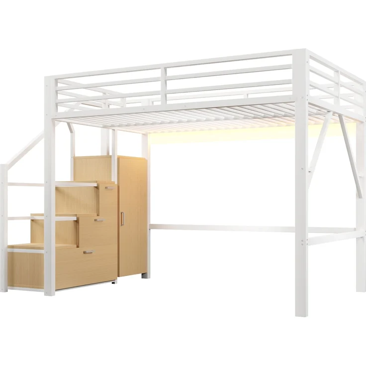 U-life Metall-Hochbett 140x200 cm mit Kleiderschrank, Staufächern, Treppe und LED-Beleuchtung, Weiß – Bild 2
