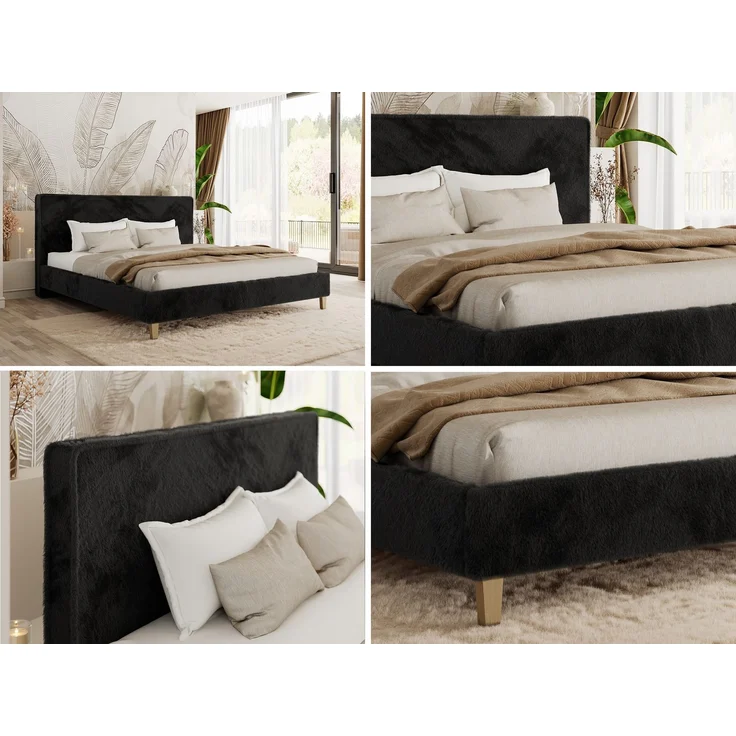 Design Polsterbett LUMARO CLASSIC 160x200 cm mit Lattenrost & 12cm hohen Füßen, Doppelbett mit Kopfteil, Konfigurierbar, Pocket Matratze - Schwarz Plüsch - VIRE LUX – Bild 2