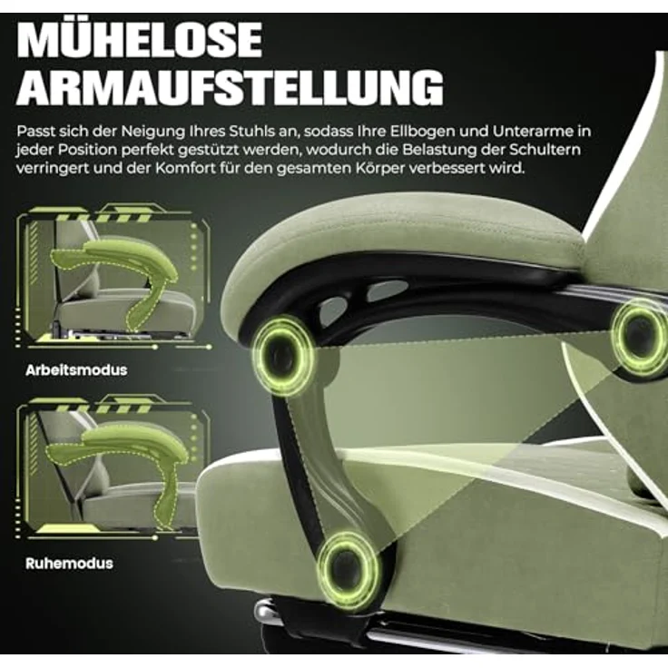 GTPLAYER Gaming Stuhl Ergonomischer, PC Stuhl Atmungsaktiver Stoff, Groß und Hoch Drehbarer Schreibtischstuhl mit Fußstütze,Verstellbare Lendenwirbelstütze und Kopfstütze,Grün – Bild 9