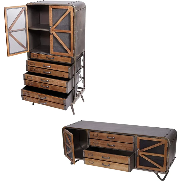 Wohnzimmer-Set HWC-F91, TV-Rack Kommode Highboard Hochschrank, Industrial Tanne Holz Metall, braun-schwarz – Bild 1
