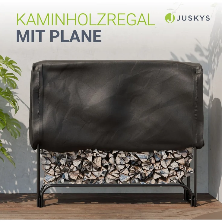 Juskys Kaminholzregal M 130x117x36 cm – Schwarz, Brennholzregal aus Stahl mit Abdeckung, Holzunterstand für Garten & Terrasse, 200 kg belastbar – Bild 2