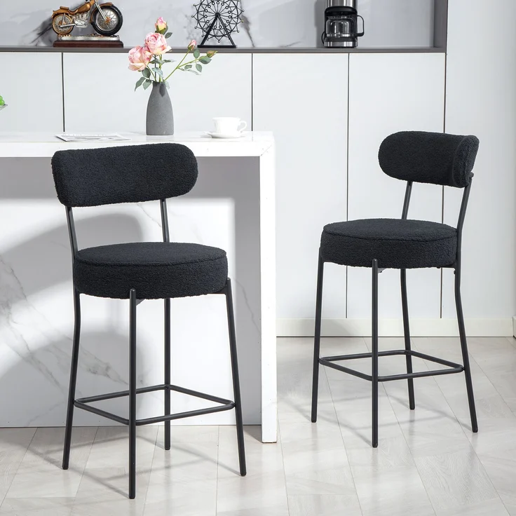 2er-Set Barstühle mit Polstersitz und Fußstütze, Fleece-Bezug, Metallrahmen, Schwarz--Schwarz--95x49x52cm--YOUDENOVA – Bild 4