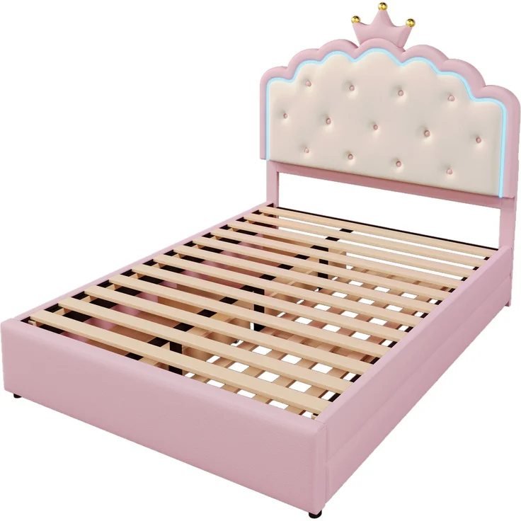 Polsterbett aus PU mit LED, Ausziehbett & 2 Schubladen, 140x200 cm, Rosa, ohne Matratze – Bild 7