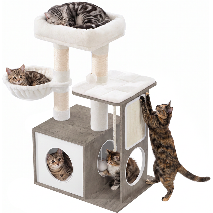 Halupeit Dieser minimalistische, einteilige Katzenbaum aus hellem Elfenbein vereint verschiedene Funktionen wie Ruhen, Verstecken, Kratzen, Klettern und Spielen, Seine Maße betragen 57,5 x 42,5 x 87,5 cm – Bild 2