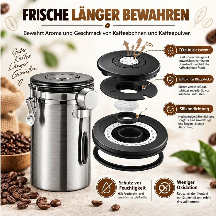 LEMLIT Kaffeedose 1,8 L Kaffeebehälter Edelstahl Luftdicht, Kaffeedose Für Bohnen, 304 Edelstahl, (1er Set, 1-tlg, Produktmaße: 18,6 x 11,8 x 11,8 cm), Mit CO₂-Ventil, Datumsanzeige Und Messlöffel – Bild 4